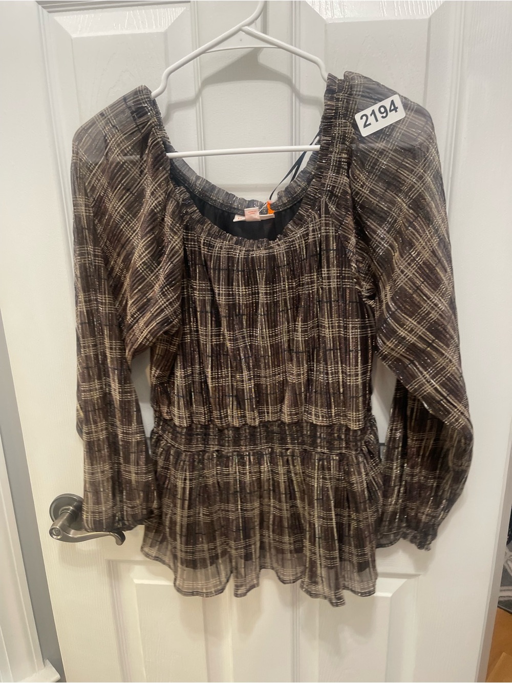 Knox Rose Brown Plaid Smocked Waist Peasant Top